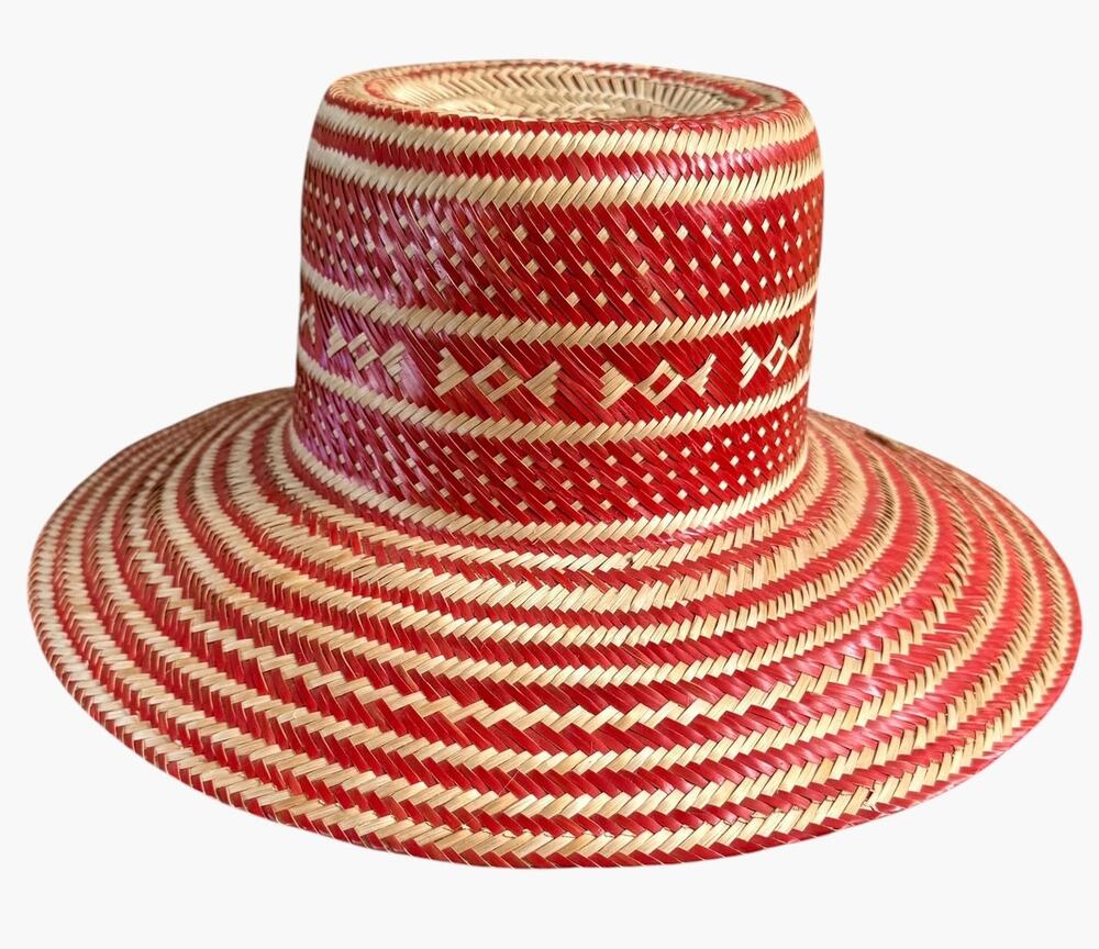 Hola Guava Red Natural Handwoven Palm Leaf Hat Colombian Artisan Wide Brim